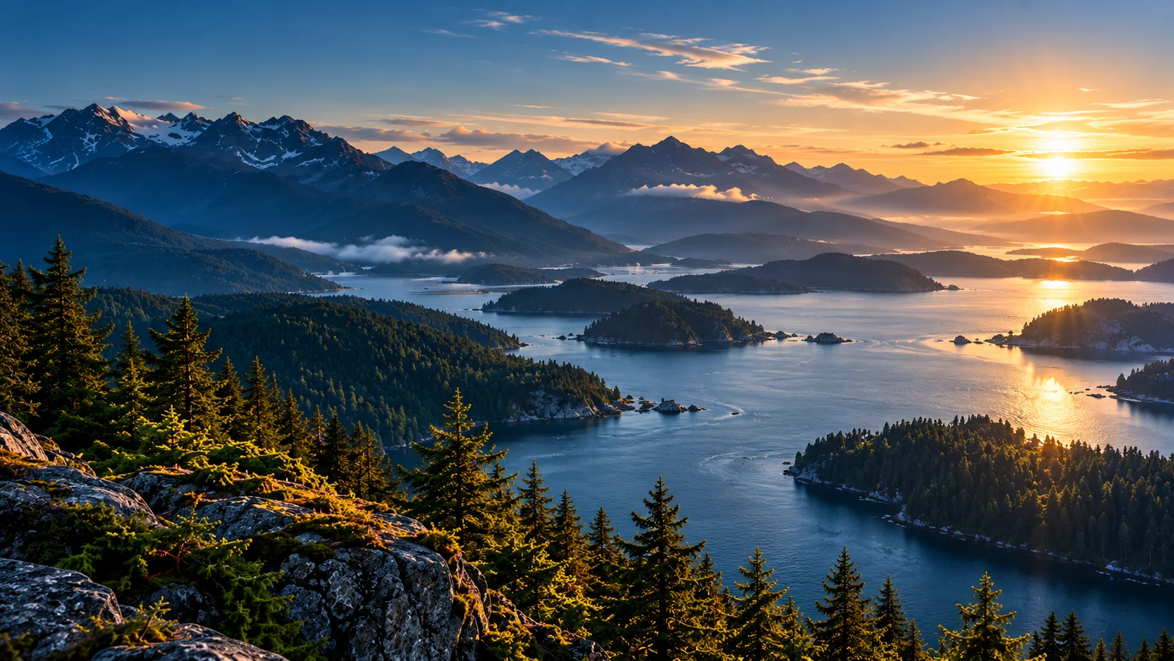 Mountain channels and islands at golden hour